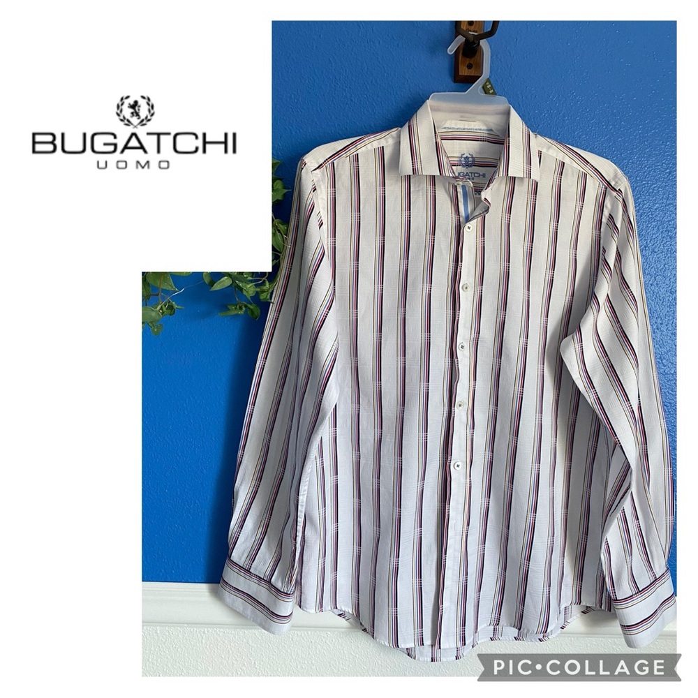 Bugatchi Uomo 100% Cotton Casual Striped Long Sleeve Shirt. Shaped Fit. Size L.